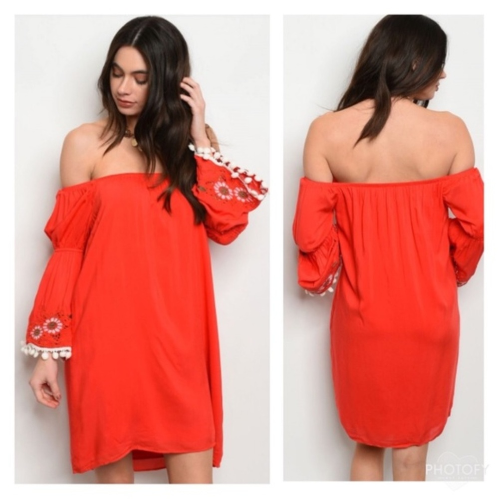 Boho Pom Pom Embroidered Festival Poppy Red Dress
